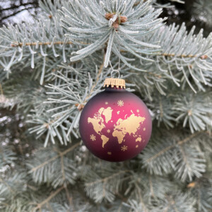 Julkula röd 2025, i frostig gran.